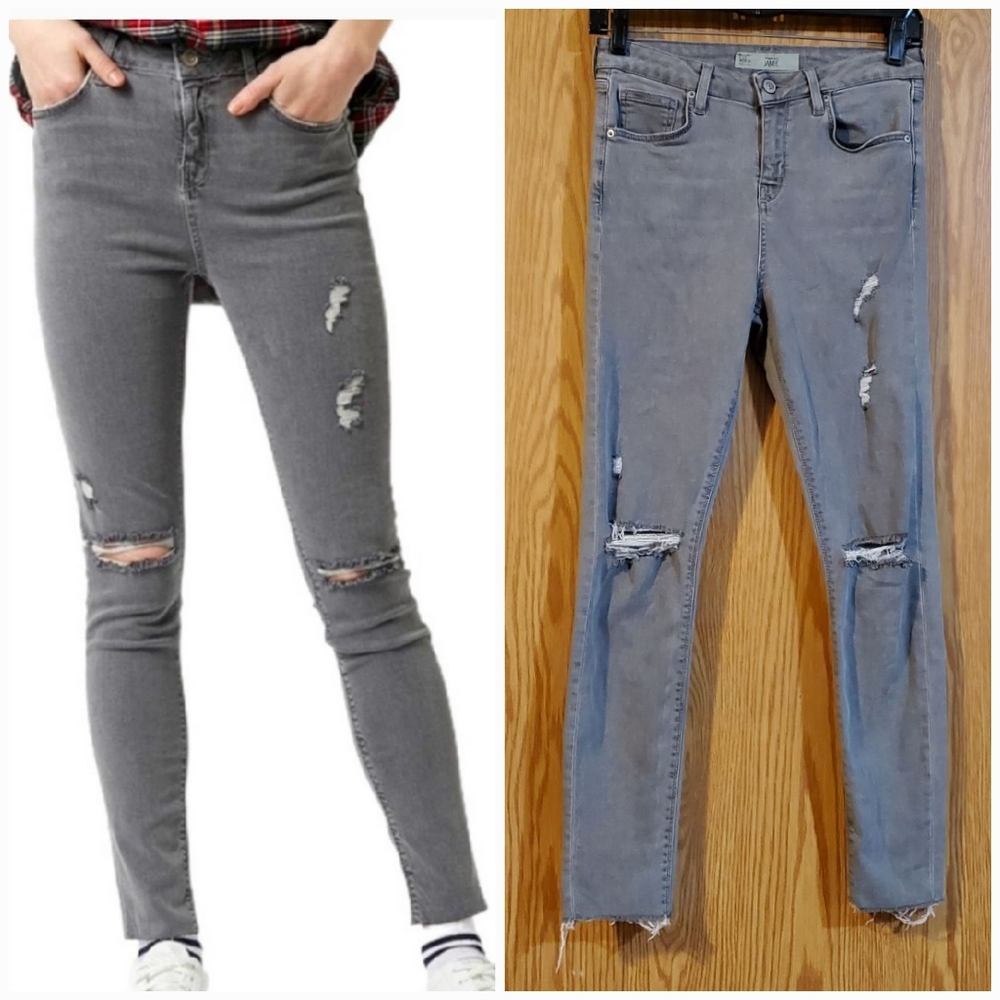 Topshop moto Jamie ripped skinny raw hem jeans gray cotton blend size 28